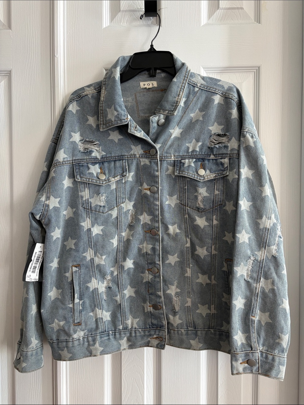 POL Star Print Light Blue distressed Denim Jean Jacket Women’s small oversized